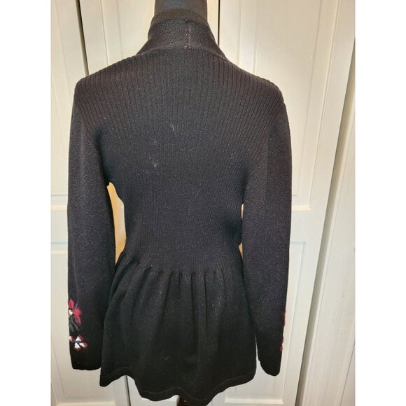 Black Floral Open Cardigan Pleated Embroidered L Whimsygoth Cottage Fairy Boho - Picture 2 of 7